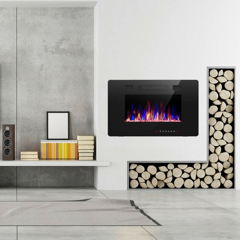 Recessed & Wall Mounted Electric Fireplace, Remote Control w/ Timer, Adjustable Flame Color & Speed