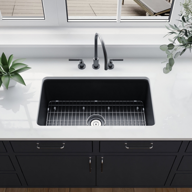 Rectangular Fireclay 32" L x 19" W Undermount Kitchen Sink with Basket Strainer and Sink Grid