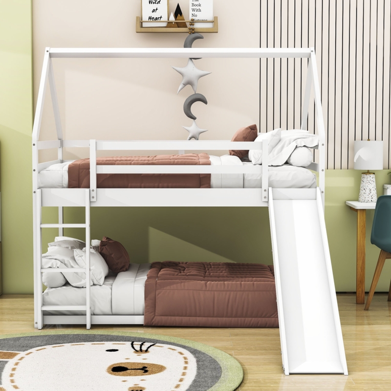 Romel Twin Over Twin Wood House Bunk Bed with Slide and Ladder