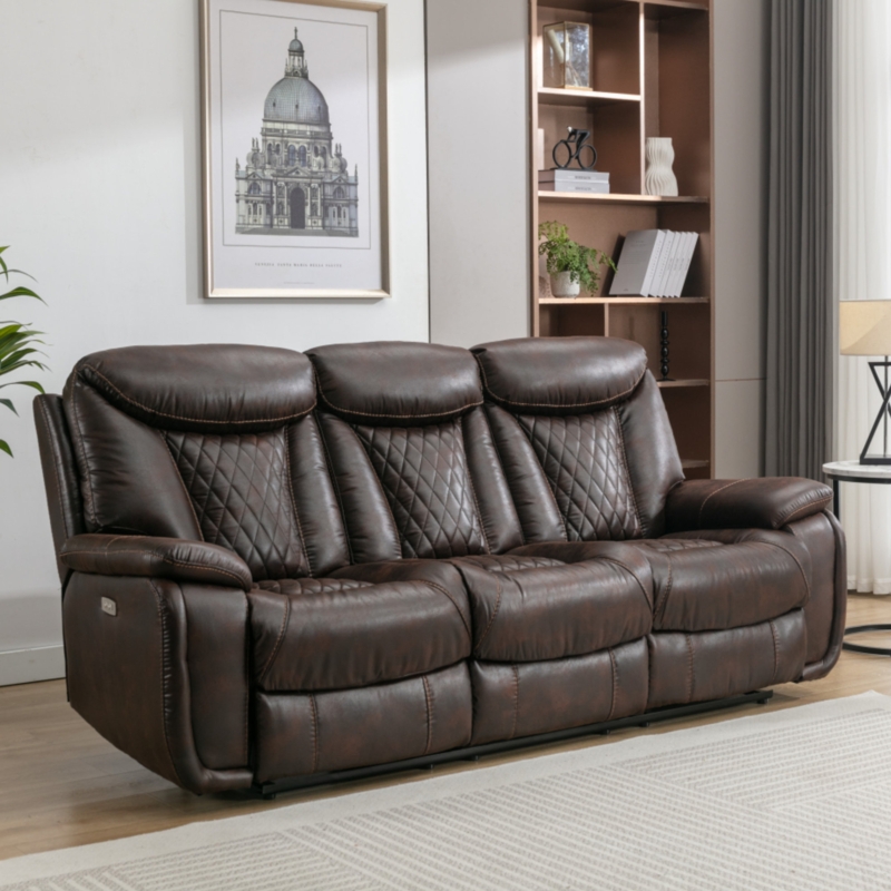Saneela 84.6'' Wide Breathable Leather Pillow Top Arm Power Reclining Sofa
