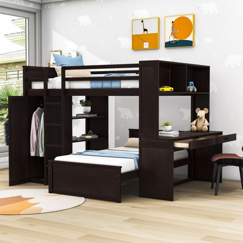 Sherise Kids Full Over Twin 2 Drawers Wooden Bunk Bed with Shelves, Desk and Wardrobe