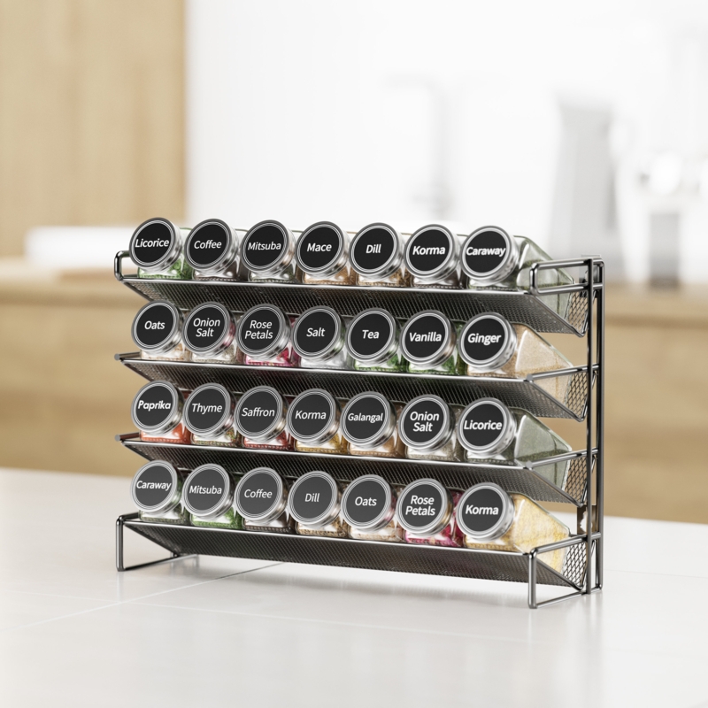 Spice Rack Organizer with 28 Jars and 386 Labels for Kitchen Cabinet, Countertop, 13.4" W  10.8" H