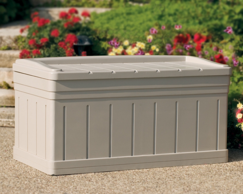 Suncast 129 Gallon Water Resistant Resin Deck Box with Storage Seat in Light Taupe
