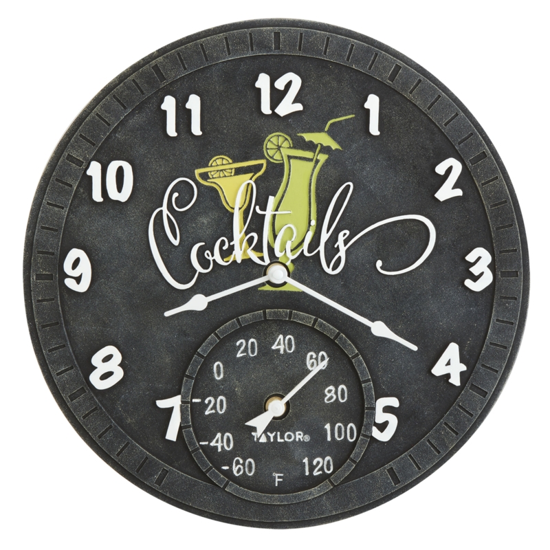 Taylor Precision Products, Bourbon Barrel Poly Resin Clock and Thermometer, 14 Inch, Multi-Color