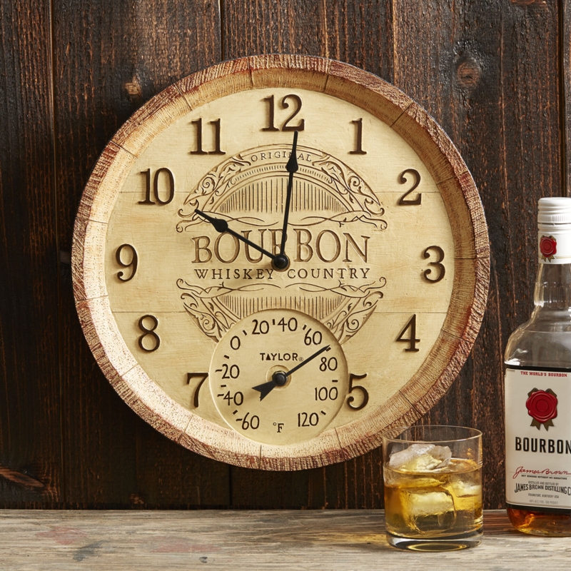 Taylor Precision Products, Bourbon Barrel Poly Resin Clock and Thermometer, 14 Inch, Multi-Color