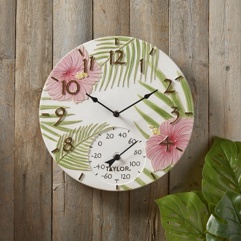 Taylor Precision Products, Pink Hibiscus Poly Resin Clock and Thermometer, 14 Inch, Multi-Color