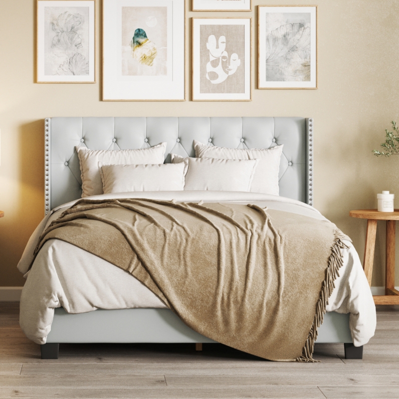 Tianna Diamond Tufted Upholstered Queen Bed Frame with Wingback Headboard