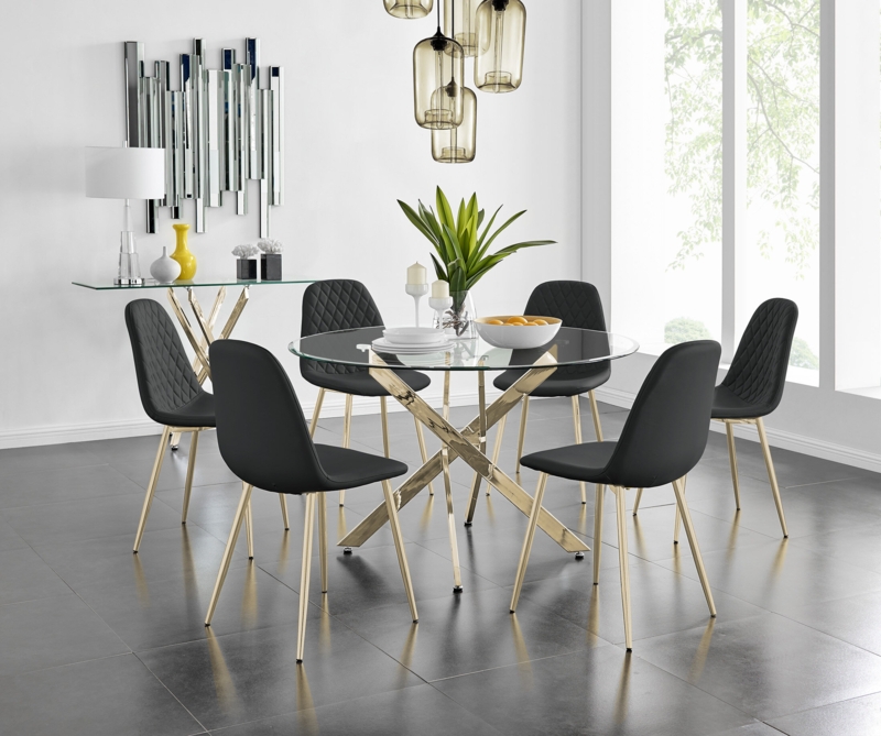 Tierra Chrome Metal and Glass Round Dining Table Set with 6 Faux Leather Upholstered Dining Chairs