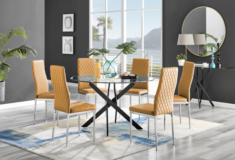 Tierra Sleek Metal and Glass 6 Seat Round Dining Table Set with 6 Luxury Faux Leather Dining Chairs
