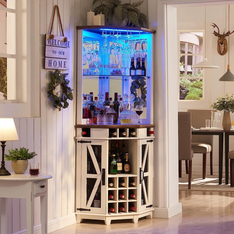 Traysean 72" Tall Corner Wine Bar Cabinet with LED Lights, Wine Glass Stemware Holder, Wine Rack