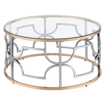 Tuba 36 in. Chrome and Gold Round Glass Coffee Table