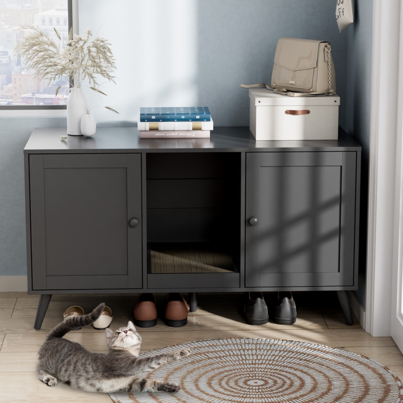 Tucker Murphy Pet Cat Litter Box Enclosure With 2 Doors, Hidden Cat Litter Box Furniture, Indoor Cat House For Large Cats, Wood Pet Washroom, Pet Cabinet Furniture As Tv Stand, Storage Cabinet, Black