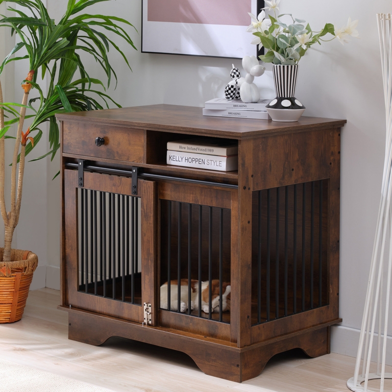 Tucker Murphy Pet Furniture Style Dog Crate, Wooden Dog Crate With Storage Drawers, Dog Furniture End Table, Indoor Dog Kennel With Sliding Doors, Dog Cage For Small/medium Dogs