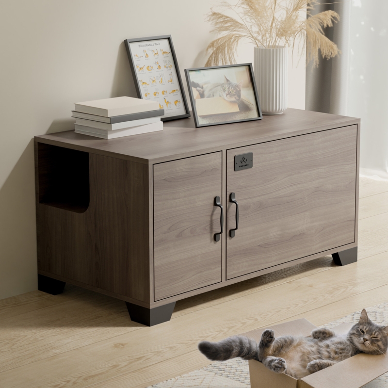 Tucker Murphy Pet Hidden Cat Litter Box Enclosure, Cat Litter Box Furniture With Doors, Wooden Pet Washroom With Divider, Indoor Cat House For Large Cats, Wooden Cabinet Furniture As Nightstand, End Table