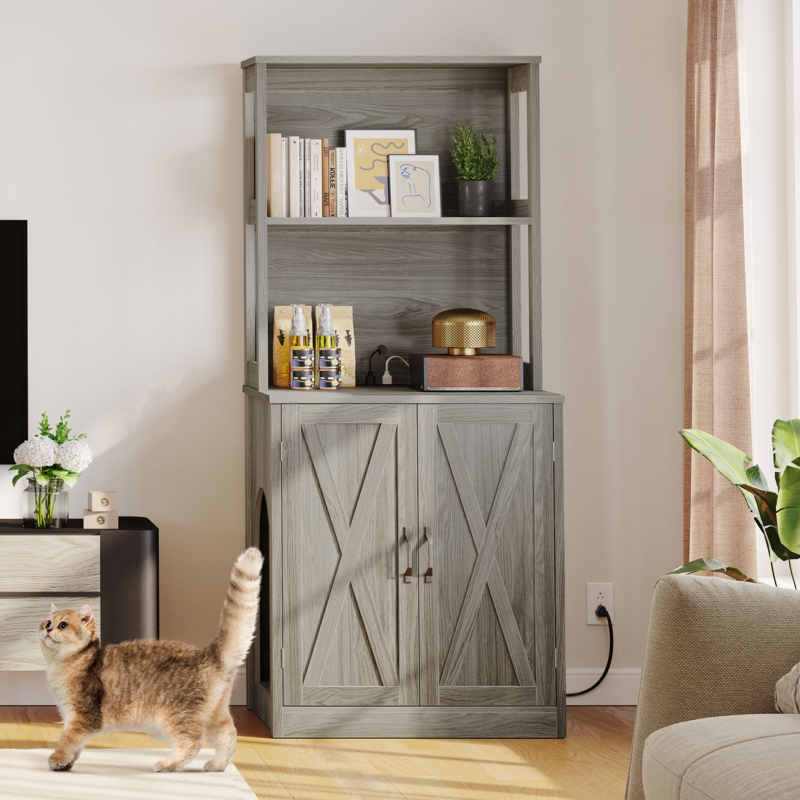 Tucker Murphy Pet Large Cat Litter Box Enclosure With Shelves And Doors, Hidden Litter Box Furniture