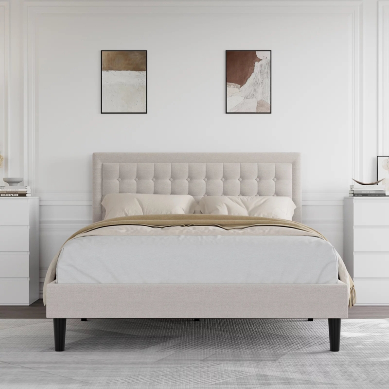 Tufted Upholstered Platform Bed with Adjustable Headboard