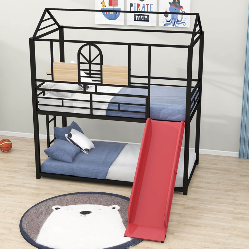 Twin Over Twin Metal Standard Bunk Bed with Slide