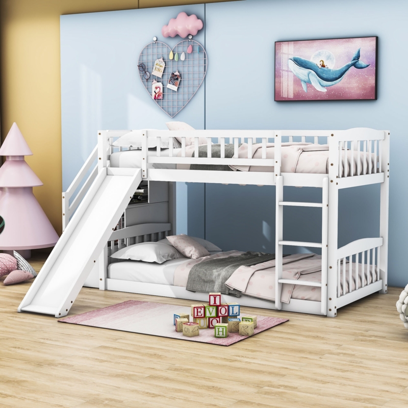 Twin Over Twin Wood Bunk Bed with Slide and Storage Staircase