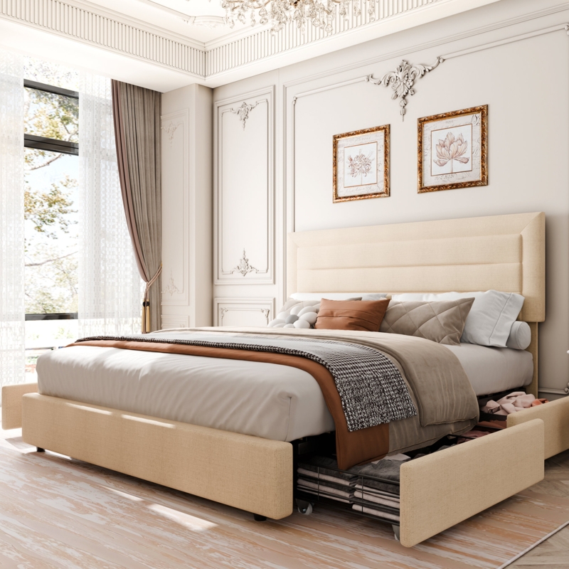 Upholstered Platform Bed with Four Drawers
