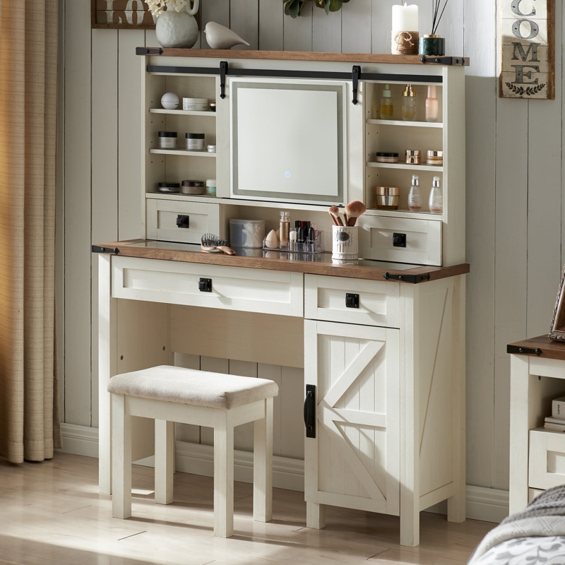 Valyre 42"W Farmhouse Makeup Vanity with Glass Tabletop & Sliding Lighted Mirror, 3 Light Modes