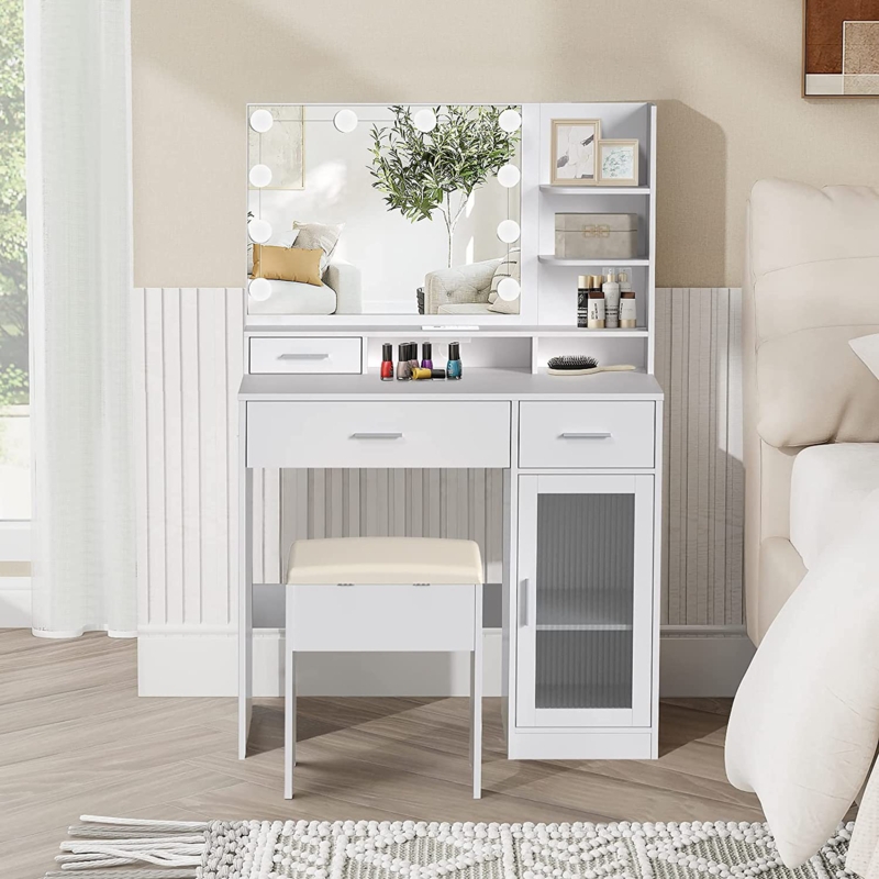 Vanity Desk with Mirror and Lights,White Makeup Vanity with Power Outlet u0026 Storage Stool