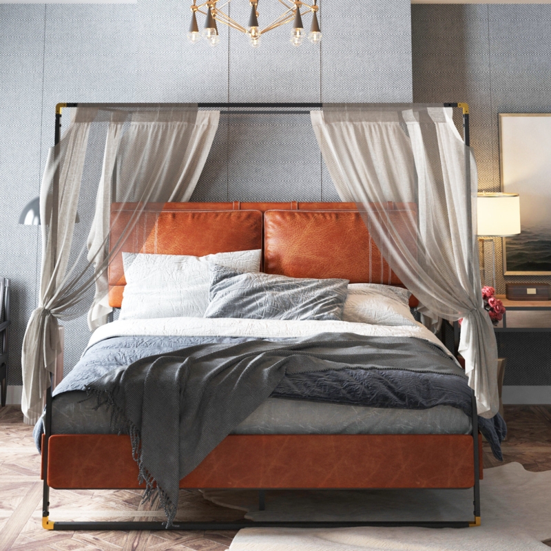 Vegan Leather Metal Canopy Bed