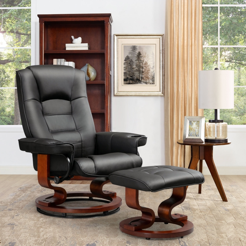 Vegan Leather Swivel Ergonomic Recliner Chair with Ottoman