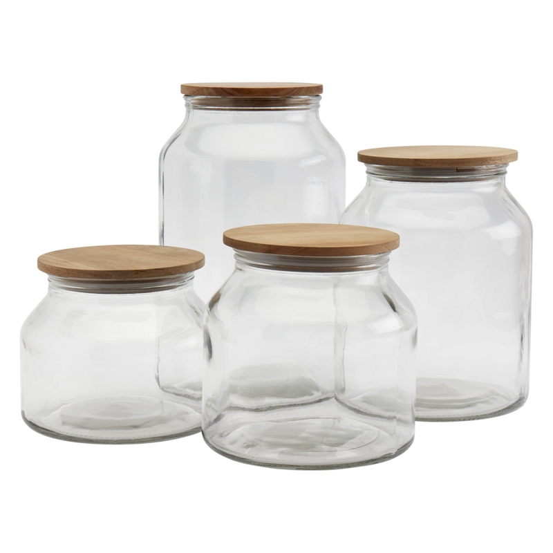 Vintage Storage Jars Mason Craft u0026 More European Belly Glass Canisters W/ Acacia Wood Lids - Set Of 4