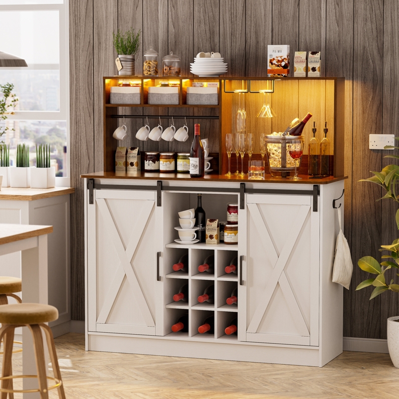 Viny Farmhouse Wine Coffee Bar Cabinet with LED Lights, Sliding Barn Door, Outlet u0026 Glass Rack