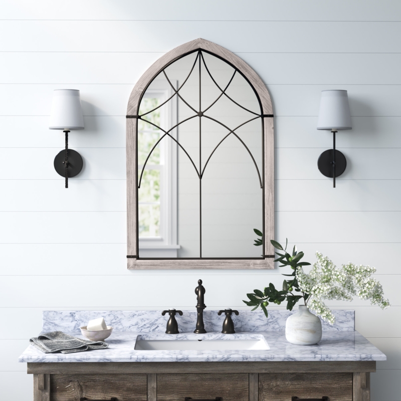 Whitbeck 36.5" X 23.5" Farmhouse Wall Mirror, Arch Window Mirror For Wall In Living Room, Bedroom, Rustic Wood Grain