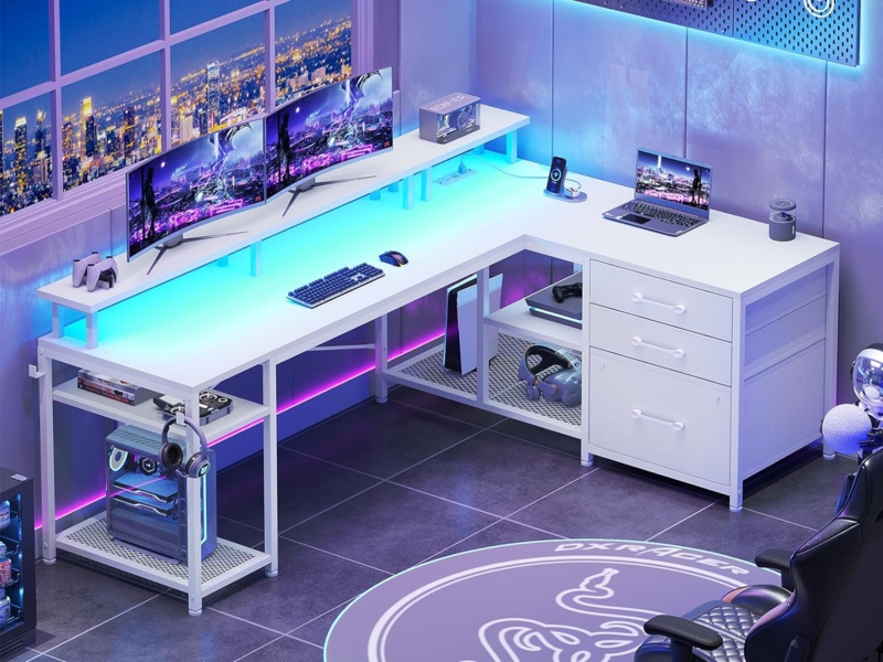 White L Shaped Desk With Fabric Drawers, 55.5 Home Office Desk With File Drawer And Storage Shelves, Gaming Desk With Led Lights