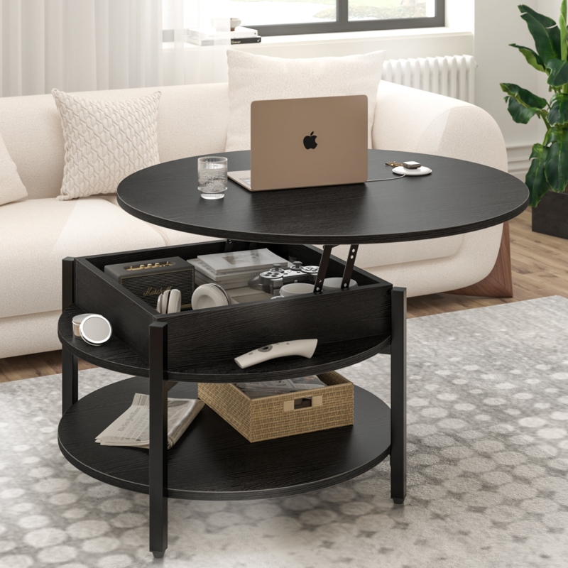 Wynny Wood Round Lift-Top Small Coffee Table, Storage Cocktail Table