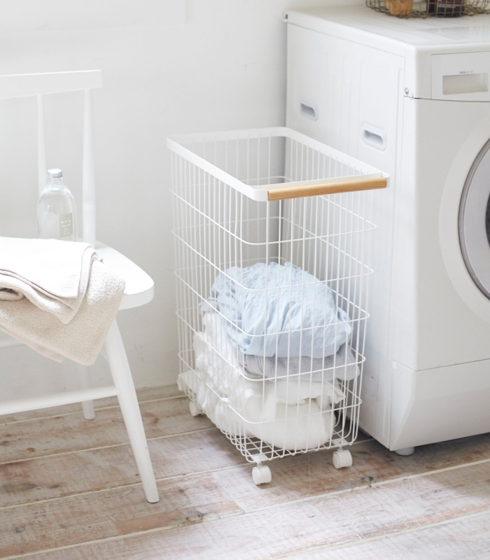 Yamazaki Home Slim Rolling Laundry Basket Hamper, Steel + Wood, 14.5 gallons, Handles, Wheels