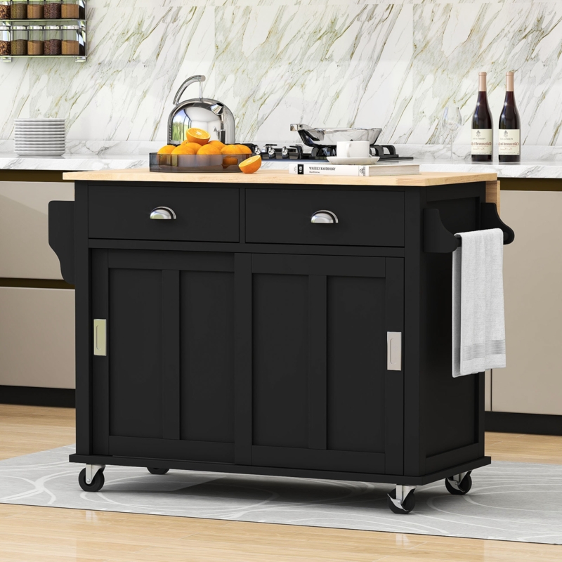 Yocelin Kitchen Cart with Drop-Leaf Countertop, Kitchen Island on 4 Wheels with 2 Drawers