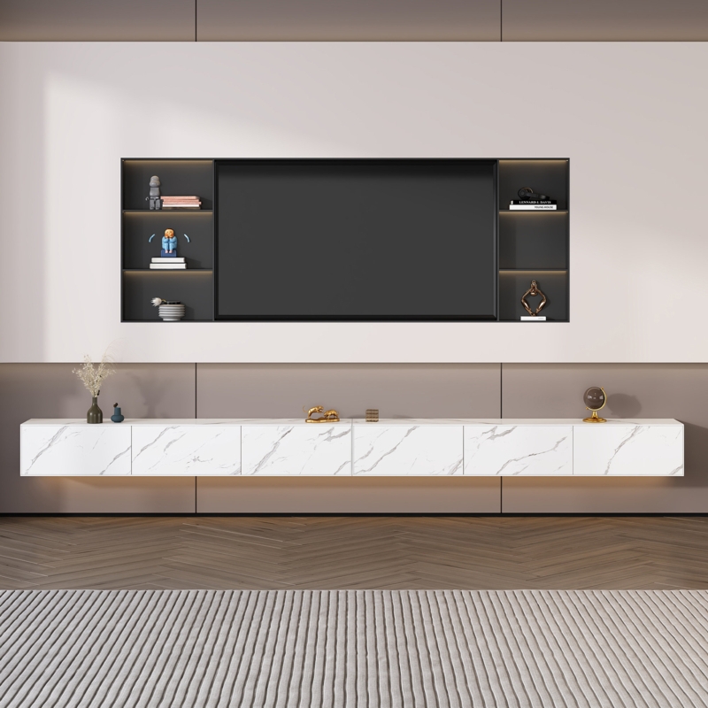 110" White Sintered Stone Floating TV Stand