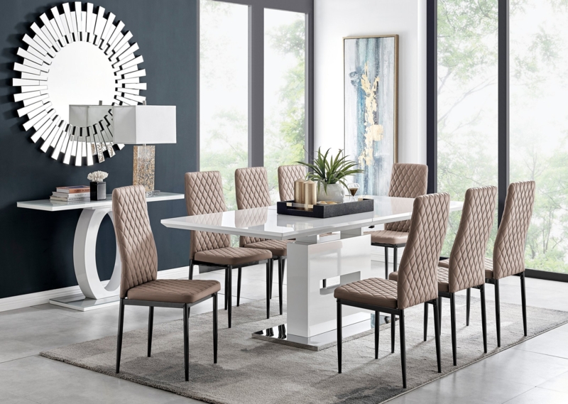 Areza High Gloss Extendable Dining Table Set with 8 Luxury Faux Leather Dining Chairs