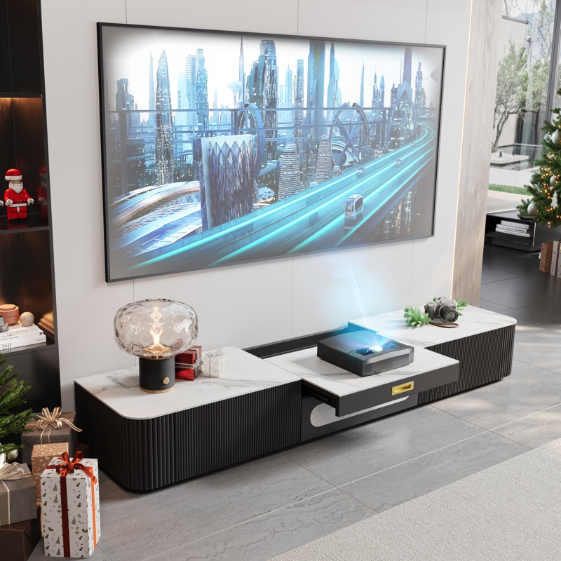 Demarre Modern TV Stand for Projector, Faux Marble Media Console with Drawers, Pre-assembly