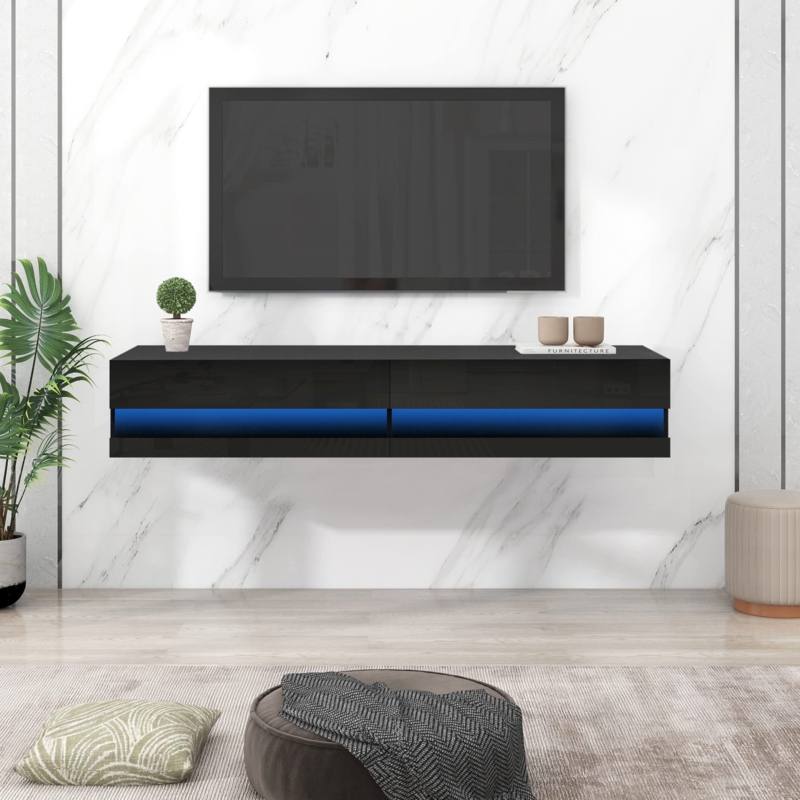 Kuno 60"W Floating TV Stand Wall Mounted with LED Lights, TV Cabinet, Modern High Gloss Media Console