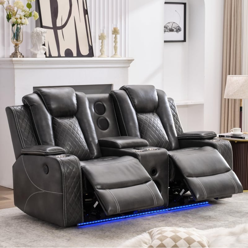 Leather Power Loveseat Recliner Couch with Bass Speakers and LED Lights