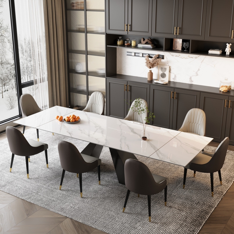 Tanjala 9 - Piece 110.23'' Extendable Sintered Stone Dining Table and 8 Leather Chairs Dining Set