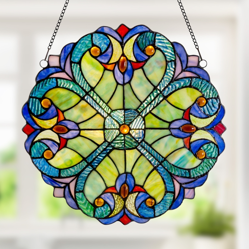 12"H Blue Tiffany Stained Glass Window Panel