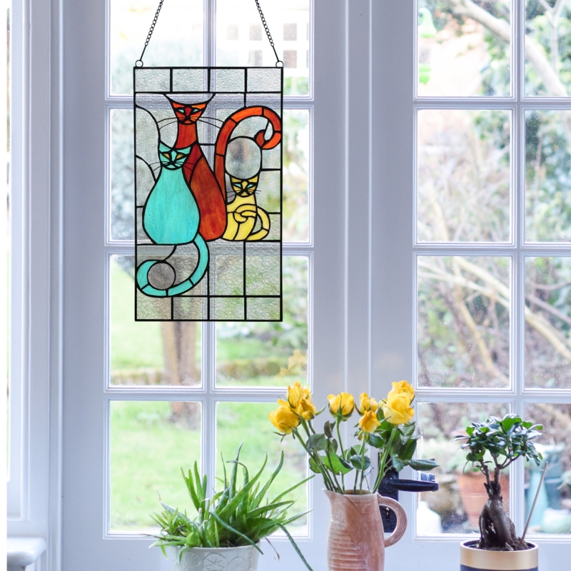 14"H Cats Trio Stained Glass Window Panel