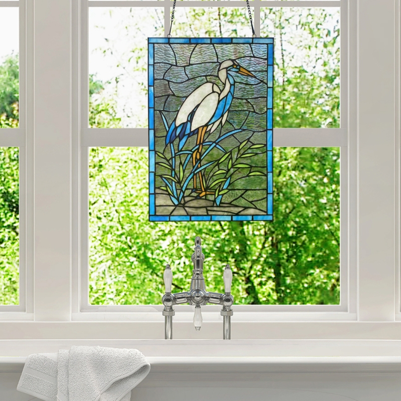 18"H Crane Stained Glass Window Panel