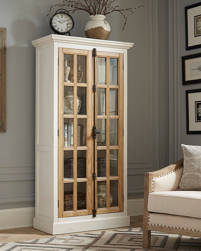 2 - Door Curio Cabinet in Antique White and Brown