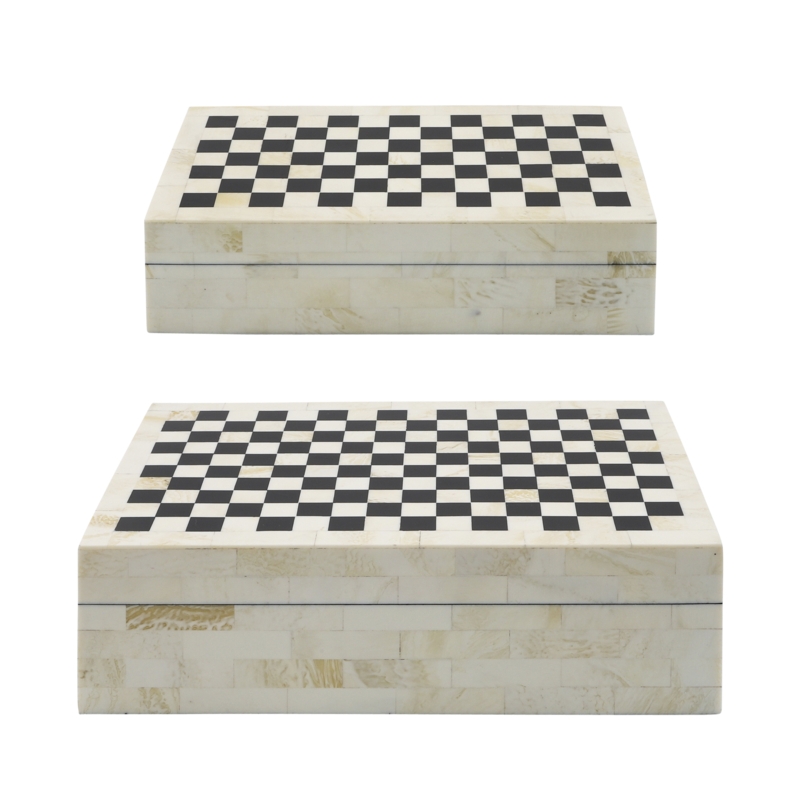 2 Piece Set Storage Boxes - 10" u0026 12" Black and White Checkered Design Polyresin Decorative Keepsake Boxes for Storage, Jewelry, Gift Idea