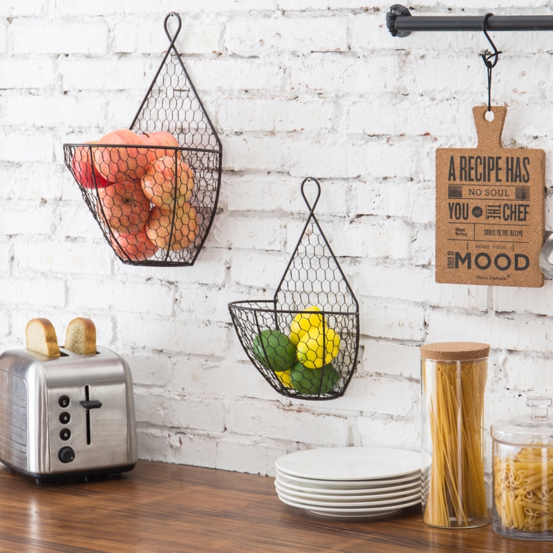 2-Piece Wall Mounted Chicken Wire Fruit Storage Baskets (Set of 2)