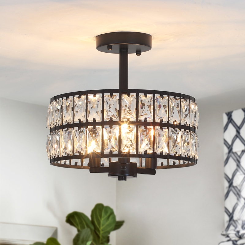 3-Light Round Crystal Ceiling Light Fixture Semi Flush Mount Chandelier with Cylinder Drum Shade