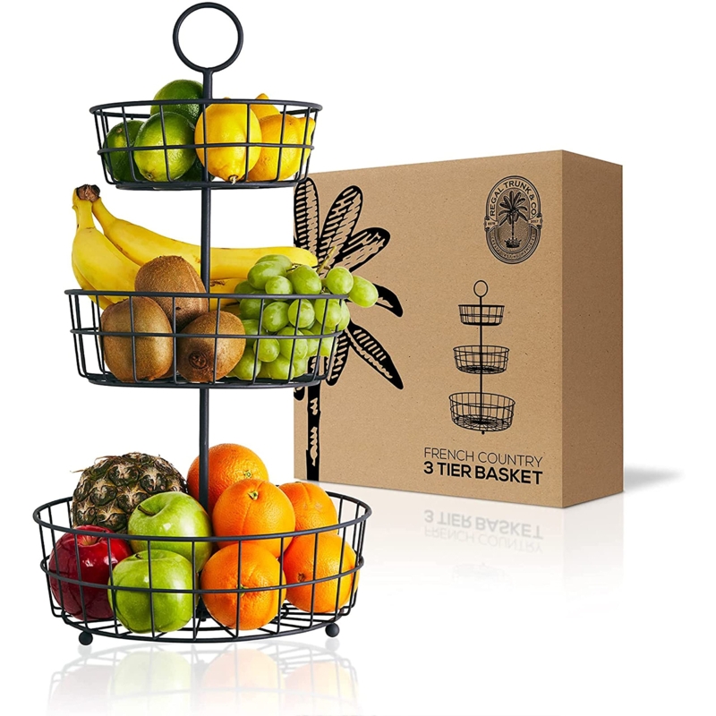 3 Tier Fruit Basket & Co, Elegant French Country Wire Baskets, Three Tiered Wire Basket Stand For Vegetables, Bread & More For Countertop Or Hanging, Christmas Or Birthday Present