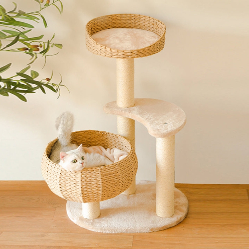 35" Sleeping in the Bowl Cat Tree with Basket Beds and Cushion, Cute Cat Tower with Scratching Post