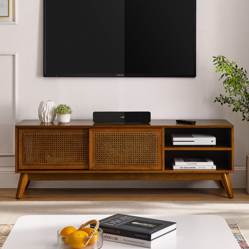 59 Inch Mid Century Modern Rattan Tv Stand For 65 Inch Tv, Entertainment Cabinet, Media Console For Living Room Bedroom Media Room, Solid Wood Feet & 1 Cord Holes & Rattan Cabinet Doors - Dark Wood